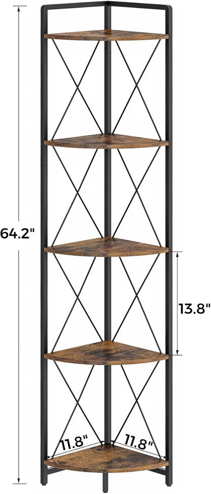 5 Tier Corner Shelf Stand, 64" H Tall Industrial Corner Bookshelf for Living Room Decor, Metal Corner Shelf, Plant Stand Display Shelf for Bedroom, Bathroom, Small Space, Rustic Brown