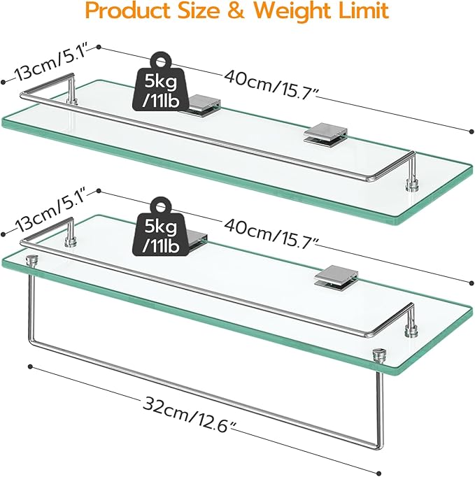 HOOBRO Glass Shelves for Bathroom, 15.7 Inch Floating Glass Shelf for Wall, Set of 2 Tempered Stainless Steel Wall Mounted Stand for Toilet, Room Decor, Silver SV02BJ01