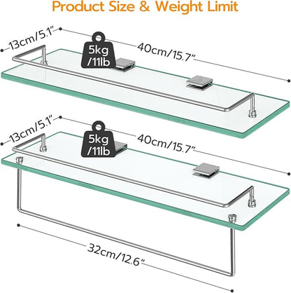 HOOBRO Glass Shelves for Bathroom, 15.7 Inch Floating Glass Shelf for Wall, Set of 2 Tempered Stainless Steel Wall Mounted Stand for Toilet, Room Decor, Silver SV02BJ01
