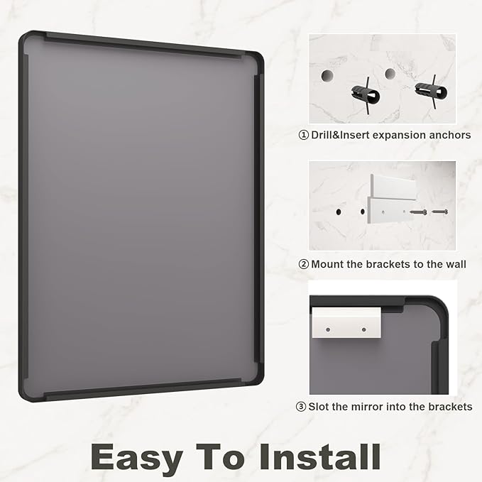 40x36 Inch Black Framed Bathroom Mirror for Wall, Black Metal Framed Mirror, Rounded Rectangle Bathroom Vanity Mirror, Anti-Rust, Shatterproof (Horizontal/Vertical)