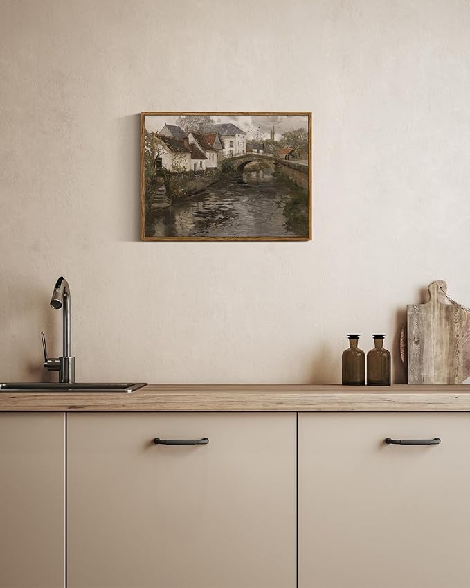 InSimSea Framed Canvas Wall Art Vintage Decor, Landscape Wall Art, Riverside Small Town Pictures Home Decor, Rustic Farmhouse Wall Print for Bedroom Living Room, 12