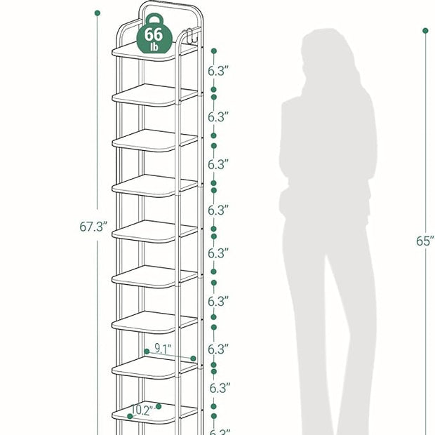 10 Tiers Vertical Shoe Rack, Narrow Shoe Tower, Tall Shoes Shelf with 2 Hooks, Adjustable Shelves, Corner Shoes Shelves for Small Spaces, Entryway, Living Room, Rustic Brown SR11201B
