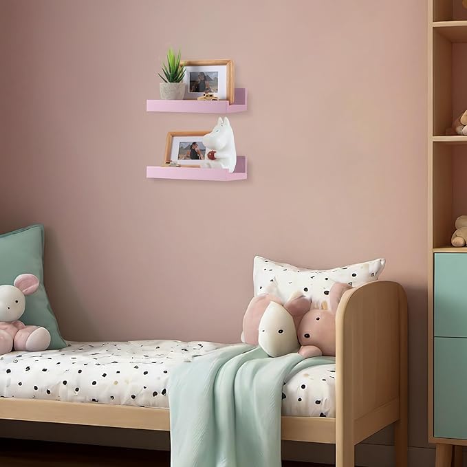 Z metnal Small Floating Shelves, Natural Wooden Display Wall Shelf for Picture Ledge, Nursery Floating Shelves, Wall Mounted, 8 x 5.5 inch, Pink, 2 Pcs