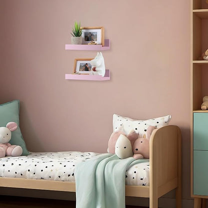 Z metnal Small Floating Shelves, Natural Wooden Display Wall Shelf for Picture Ledge, Nursery Floating Shelves, Wall Mounted, 8 x 5.5 inch, Pink, 2 Pcs