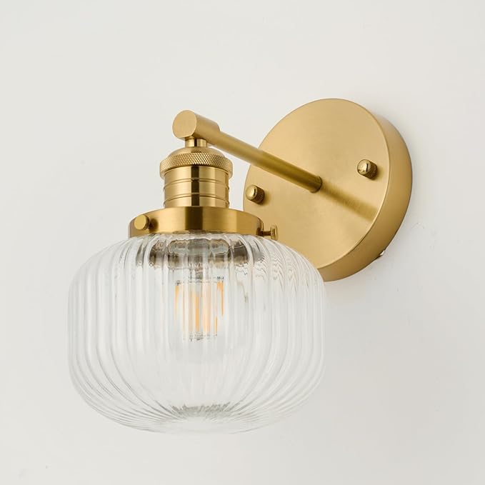 TERLEENART Vintage Wall Sconce Set of 2,Hard Wired Sconce with Clear Ribbed Glass Shade,Indoor Wall Mounted Lamp for Bedroom Living Room Bathroom Hallway