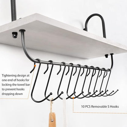 Olakee Floating Wall Shelves for Kitchen Bathroom Coffee Nook with 10 Adjustable Hooks for Mugs Cooking Utensils or Towel Rustic Storage Shelves Set of 2/17x5.9 inch (White)