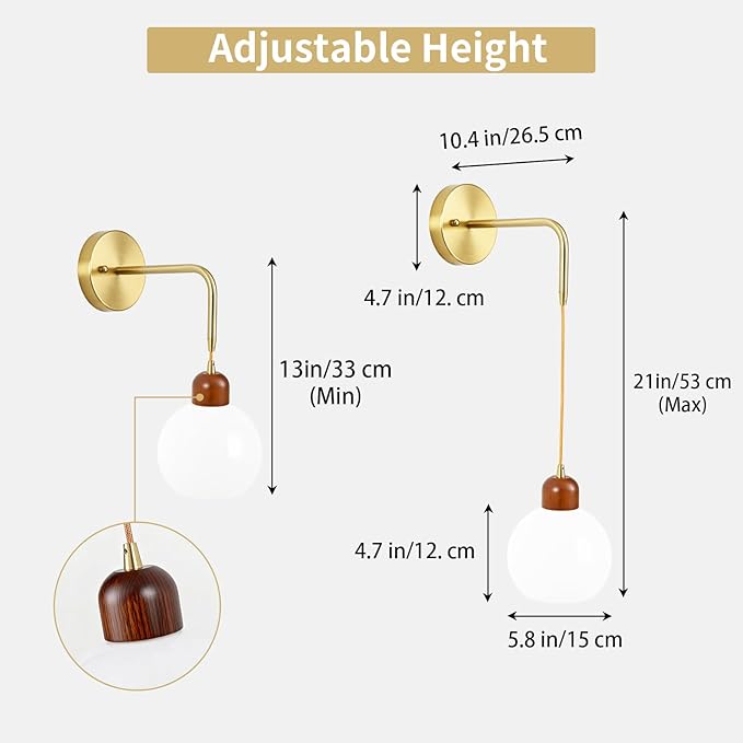 Battery Operated Wall Sconces Set of 2, Gold Rechargeable Wireless Wall Lights with Milky White Shade, 12 RGB and 3CCT Dimmable Wooden Wall Lamps with Remote for Bedroom Living Room Hallway