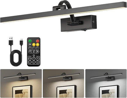 Wireless Picture Lights for Wall,23.5 Inch Black Art Light for Paintings,Battery Operated Picture Lights with Remote Control,Dimmable Rechargeable Art Lamps for Picture Frame,Gallery