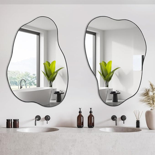 POZINO Asymmetrical Mirror, Black Irregular Mirrors, Cloud Shaped Mirrors, Unique Modern Frameless Mirror for Living Room Bathroom Bedroom Entryway Fireplace,30"x20.5"