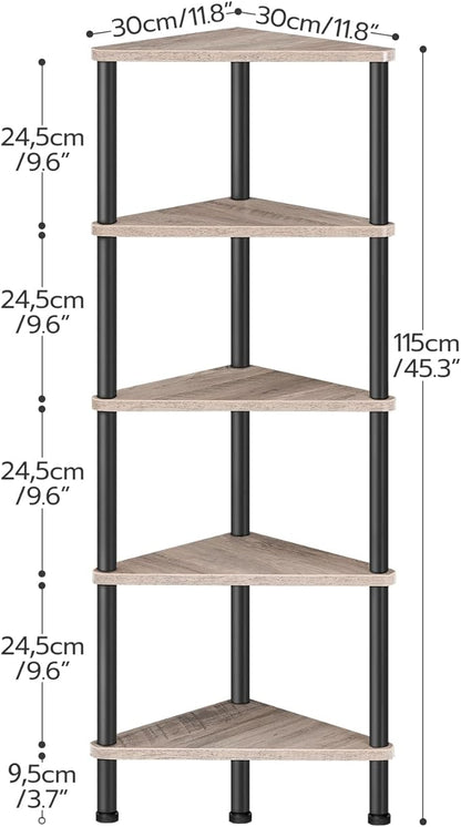 HOOBRO Corner Shelf Stand, Industrial 5-Tier Corner Bookshelf with Metal Frame, Corner Shelf Stand Display Plant Flower, Corner Bookcase for Small Spaces, Living Room, Greige and Black BG33CJ01