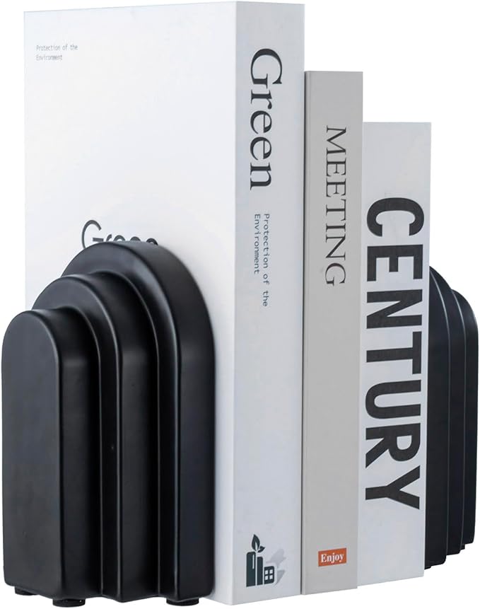 MyGift Black Concrete Bookends Decorative Arch Design, Book Ends for Heavy Books, Book Stopper for Shelves, Minimalist Home and Office Organizer, Modern Art Decor, 1 Pair