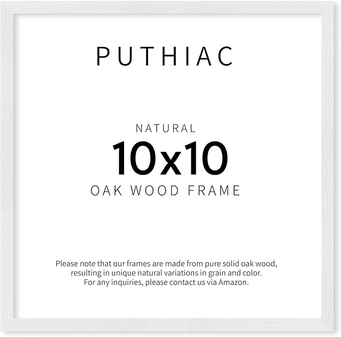 puthiac 10x10 Solid Oak Wood Picture Frame, Fits 6x6 with Mat or 10x10 Without Mat, Wall Display Only, Plexi Front, 1 Pack, White