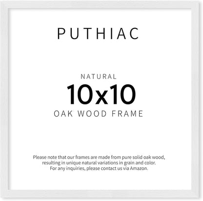 puthiac 10x10 Solid Oak Wood Picture Frame, Fits 6x6 with Mat or 10x10 Without Mat, Wall Display Only, Plexi Front, 1 Pack, White