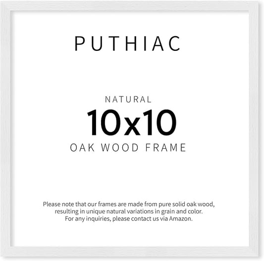 puthiac 10x10 Solid Oak Wood Picture Frame, Fits 6x6 with Mat or 10x10 Without Mat, Wall Display Only, Plexi Front, 1 Pack, White