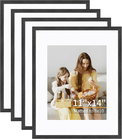 11x14 Picture Frame Set of 4, Displays 8x10 with Mat or 11x14 Without Mat, Photo Frames for Wall Hanging or Tabletop, Includes HD Plexiglass, Black