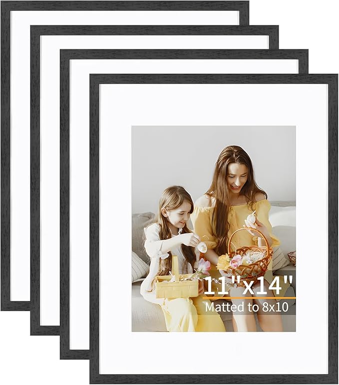 11x14 Picture Frame Set of 4, Displays 8x10 with Mat or 11x14 Without Mat, Photo Frames for Wall Hanging or Tabletop, Includes HD Plexiglass, Black