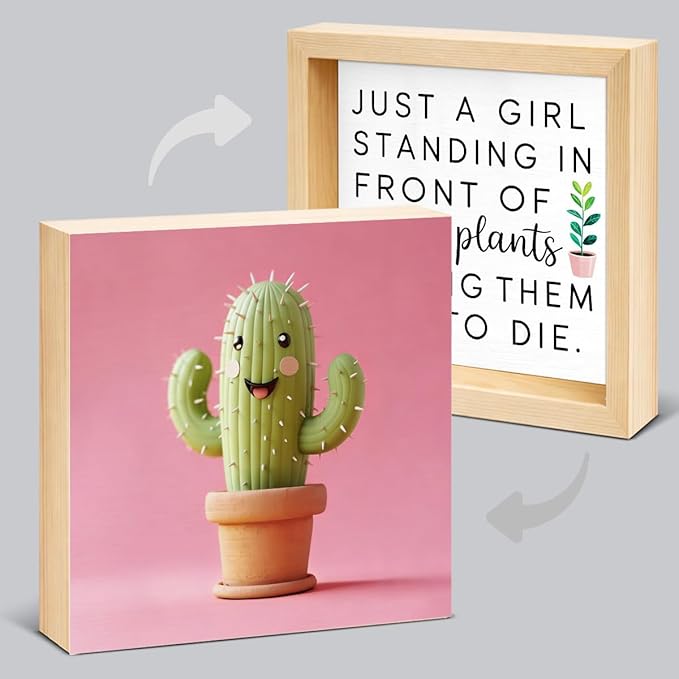 Cute Plant Decor Sign for Girl - Office Gift for Lady Plant Lover - Double-sided Cactus Decor for Tiered Tray Table Desk Shelf Decoration