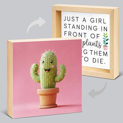 Cute Plant Decor Sign for Girl - Office Gift for Lady Plant Lover - Double-sided Cactus Decor for Tiered Tray Table Desk Shelf Decoration