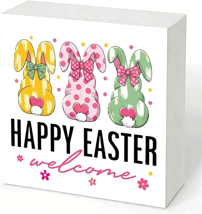 Easter Decorations for Home Happy Easter Welcome Wooden Sign, Bunny Spring Porch Decor, Farmhouse Easters Desk Decorations, Table Shelf Plaque, Holiday Front Door Party Supplies