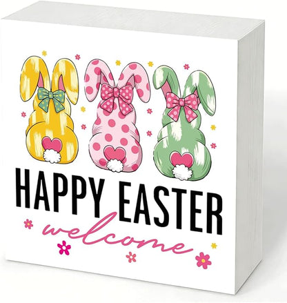 Easter Decorations for Home Happy Easter Welcome Wooden Sign, Bunny Spring Porch Decor, Farmhouse Easters Desk Decorations, Table Shelf Plaque, Holiday Front Door Party Supplies