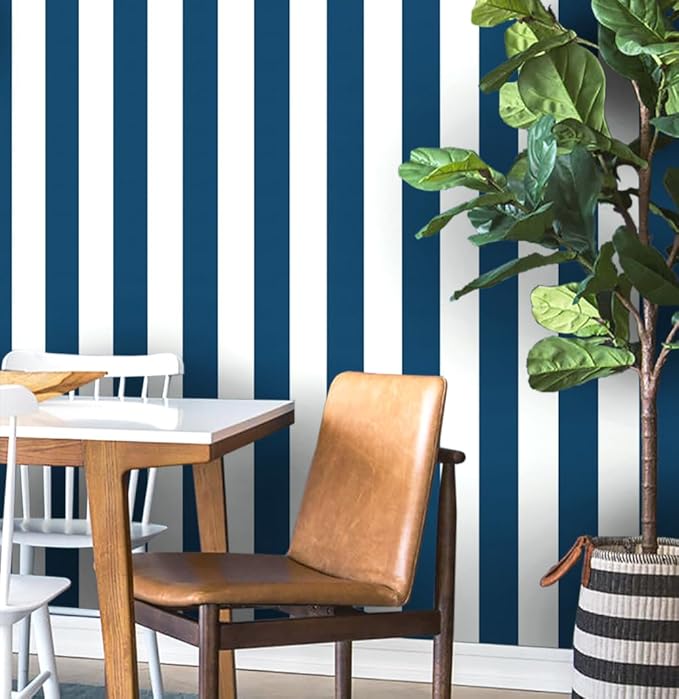 Guvana 394"x17.7" Striped Peel and Stick Wallpaper Blue and White Self-Adhesive Wallpaper DIY Removable Contact Paper Navy Blue Waterproof Wall Paper for Bathroom Kitchen Cabinets Decor Vinyl Roll