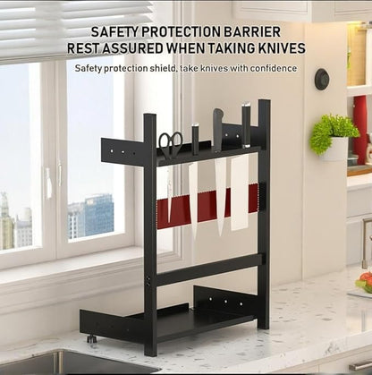 3-Tier Spice Rack Organizer with Knife Holder, Black Metal Counter Storage Shelf, 15.75x15.5x6.69 Inch, Adjustable Height, Detachable Design
