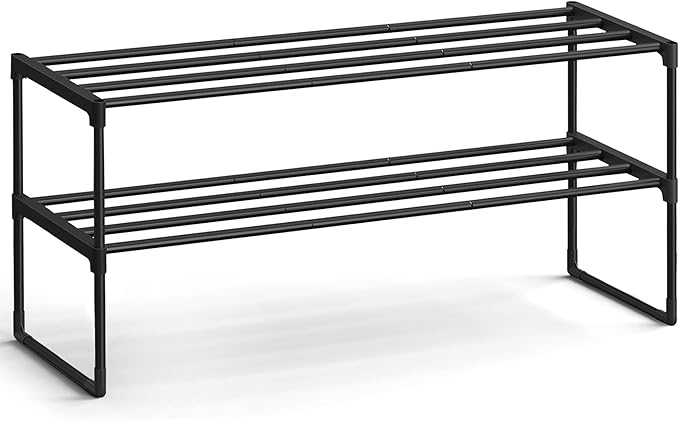 SONGMICS Shoe Rack, 2-Tier Shoe Organizer, Metal Storage Shelf, Upright or Upside Down, for 12-15 Pairs, Stackable, for Entryway, 11.8 x 36.2 x 14.6 Inches, Black ULSA12BK