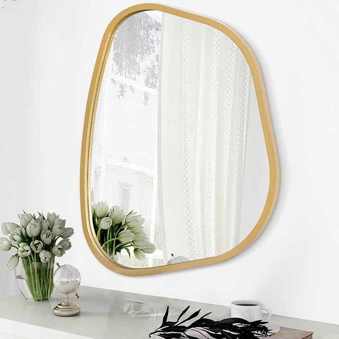 Large Asymmetrical Wall Mirror Irregular Wood Frame Modern Unique Wall-Mounted Artistic Wavy Mirror Decor Bathroom Vanity Bedroom Living Room Entryway Hallway 26