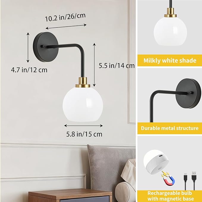Battery Operated Wall Sconces Set of 2, Black Gold Rechargeable Wireless Wall Lights with Milky White Shade, 12 RGB and 3CCT Dimmable Wall Lamps with Remote for Bedroom Living Room Hallway