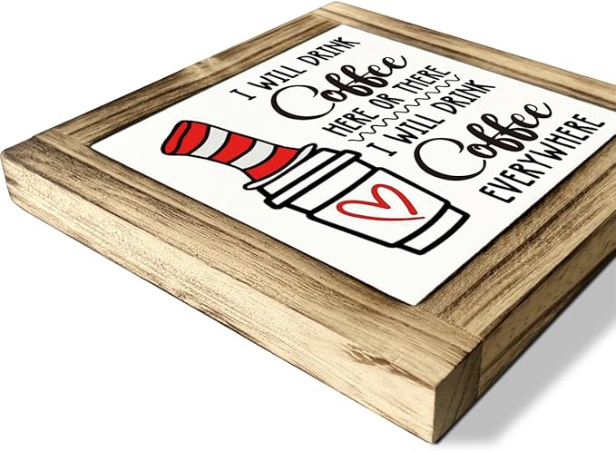 Coffee Decor, Box Sign Wood Desk Sign Decor, Rustic I Will Drink Coffee Here or There, Farmhouse Cafe Desk Shelf Decoration for Kitchen Coffee Bar
