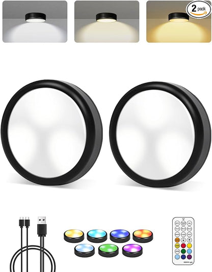 2-Pack Puck Lights with Remote, 1800mAh Rechargeable Under Cabinet Lighting, 3 Color Temps & 7 RGB Colors, Long-Lasting Dimmable Stick-On Lights for Cabinet, Kitchen, Shelf, Party