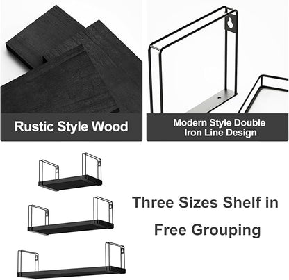 SRIWATANA Black Floating Shelves Wall Mount Set of 3, Hanging Wall Shelves, 17 Inch Rustic Wood Shelves for Decor, Bedroom, Bathroom, Laundry Room, Living Room, Kitchen, Office - Black