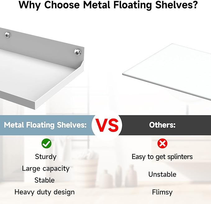 PEKGRIL 4 Pack Metal Floating Shelves, 17x6 Inch Large Wall Mounted Shelf for Storage, White Kids Bookshelf, Display Ledge Shelves with Lip for Bathroom, Bedroom, Living Room, Bathroom, Kitchen