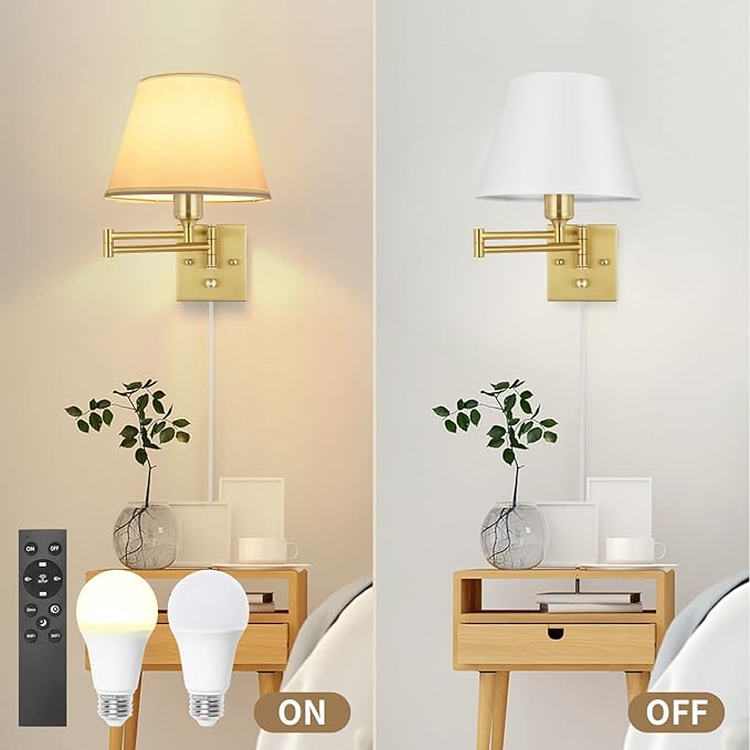 TRLIFE Dimmable Wall Sconce, Remote Control Dimming 10-100% and Adjustable Color Temperature 2700K-6500K Brushed Brass Swing Arm Wall Lights with Plug in Cord, 9.4