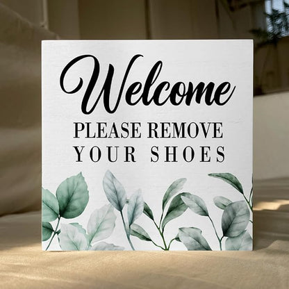 ENGVZ Wood Box Sign - Rustic Farmhouse Style 'Welcome Please Remove Your Shoes' Artwork, 5 x 5 Inches, Durable Decorative Signage for Home, Office, Gift