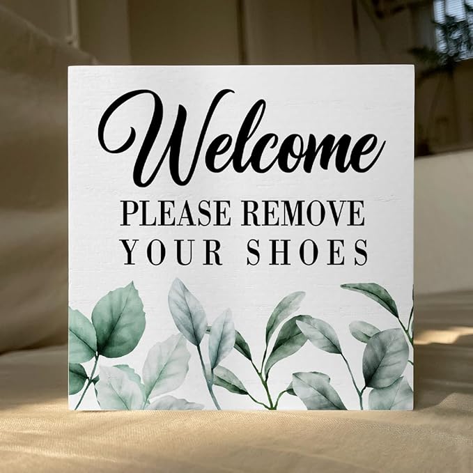 ENGVZ Wood Box Sign - Rustic Farmhouse Style 'Welcome Please Remove Your Shoes' Artwork, 5 x 5 Inches, Durable Decorative Signage for Home, Office, Gift