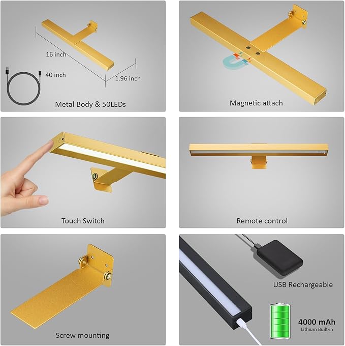 Rechargeable Picture Light,16in Metal Wireless Art Light Display Lamp with Remote,Dimmable and Timer Picture Lights for Paintings,3 Modes,Dartboard Light for Frame Picture Gallery Portrait