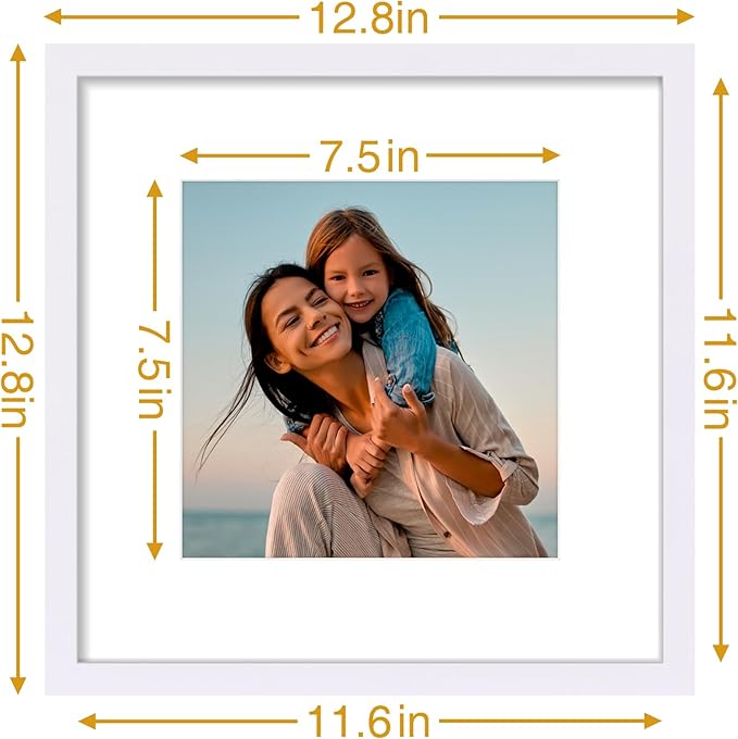 Vittanly 12x12 Picture Frames Set of 4, Display Pictures 8x8 with Mat or 12x12 without Mat, Gallery Frame for Wall Display, Engineered Wood with Shatter Resistant Plexiglass, White