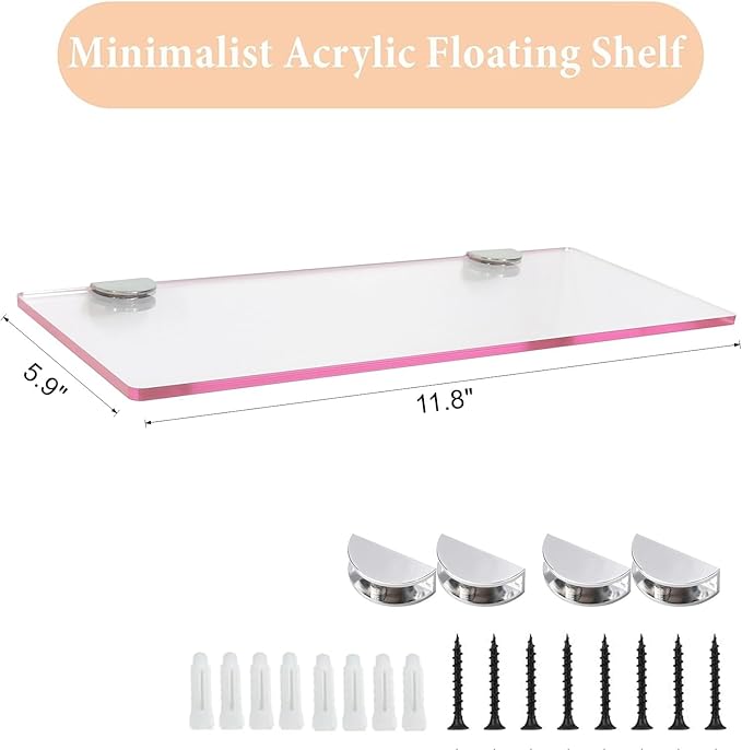iobiotio Small Floating Shelves, 12 x 5.9'' Shelves for Wall, Decorative Floating Shelves for Home Office, Wall Mounted Rack, Pink, 2 Pcs