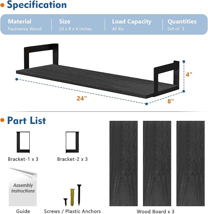 24 Inch Floating Shelves for Wall Set of 3, Wall Mounted Bookshelf, 8 Inches Deep Hanging Book Shelves for Living Room Bedroom Office Decor Closet Storage (Black)