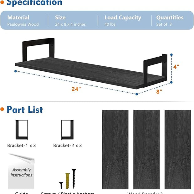 24 Inch Floating Shelves for Wall Set of 3, Wall Mounted Bookshelf, 8 Inches Deep Hanging Book Shelves for Living Room Bedroom Office Decor Closet Storage (Black)