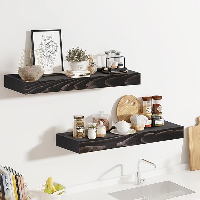 17x8x1.6 inch Floating Shelves Set of 2 – Solid Wood Rustic Black Wall Mounted Shelf for Kitchen, Bathroom, Living Room