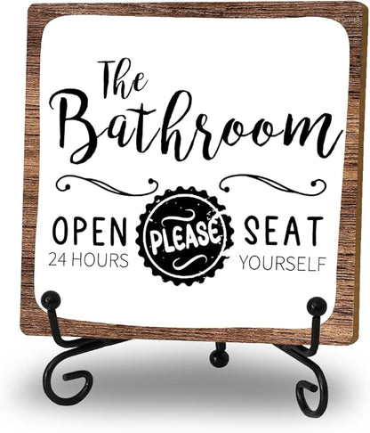 Funny Bathroom Signs Decor, Toilet Wooden Sign With Stand, The Bathroom Open 24 Hours Please Seat Yourself Sign, Farmhouse Restroom Quote Sign For Toilet Restroom Washroom Lavatory Home Decor Gifts