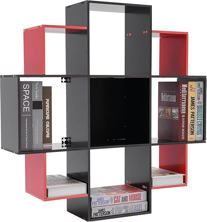 3-Tiers Wall Mounted Geometric Bookshelf, Morden Irregular Nine-Grid Bookshelf, 90cm Tall Decorative Display Shelf (Red+Black)