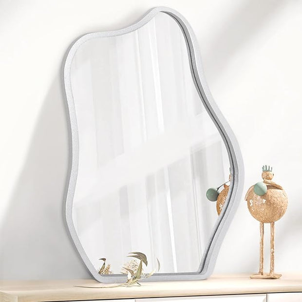 Modern Asymmetrical Mirror Unique Irregular Wooden Framed Mirror for Wall Hanging Mirror Artistic Cloud Shape Wall Mirror Decor Bathroom Bedroom Living Room Entryway Hallway Small