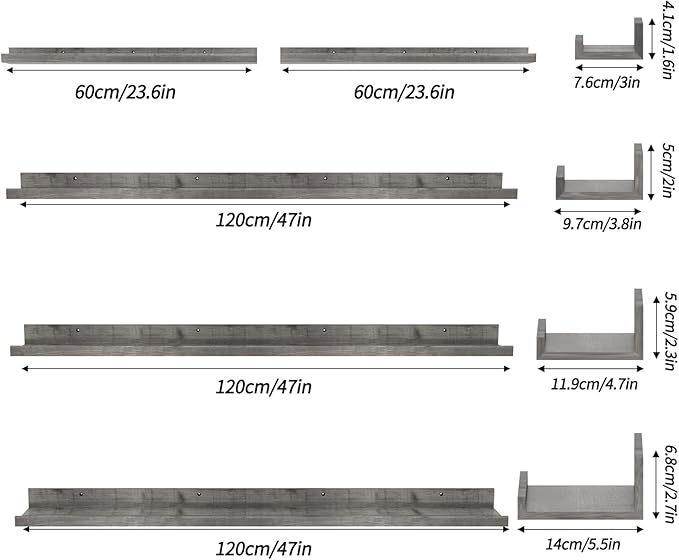 Giftgarden 47 Inch Long Floating Shelves for Wall Set of 5, Grey Wood Wall Shelves for Bathroom, Bedroom, Kitchen, Living Room Storage and Decoration, Gray Wooden Picture Ledge