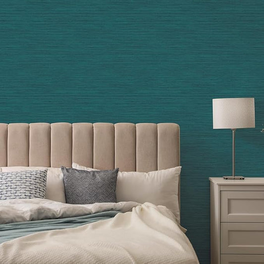 Tempaper Textured Teal Green Horizontal Faux Grasscloth Removable Peel and Stick Wallpaper, 20.5 in X 16.5 ft, Made in The USA