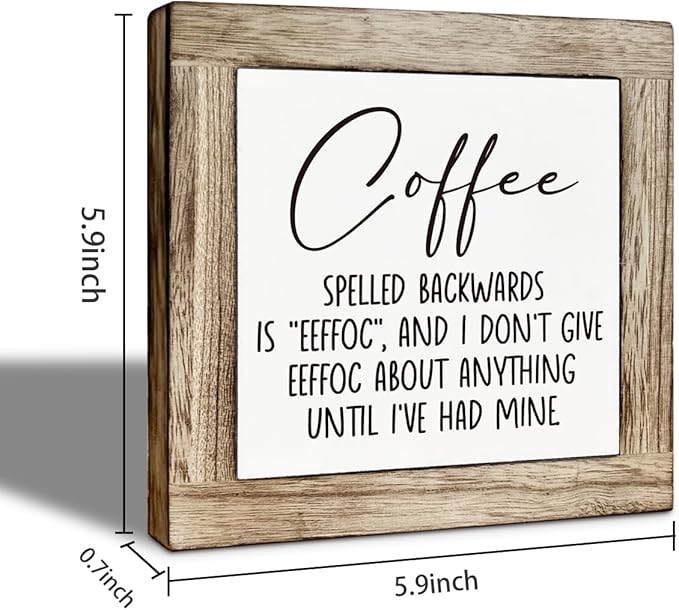 Farmhouse Coffee Wood Decor, Coffee Spelled Backwards Sign, Rustic Farmhouse Cafe Bar Decoration Accessories, Cafe Decor for Table, Funny Office Desk Decoration 5.9X5.9 Inches