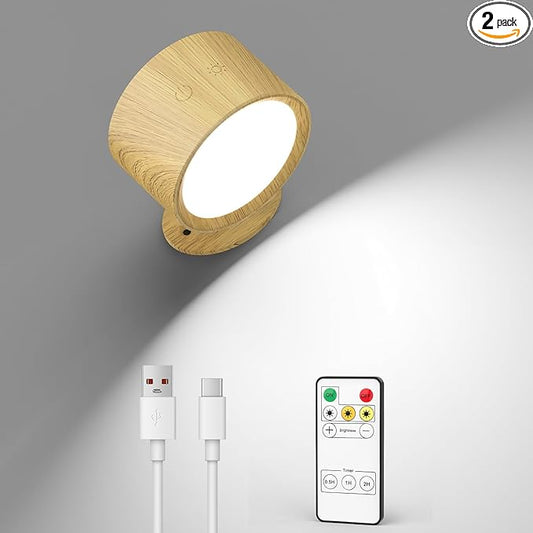 LED Wall Mounted Lights 2 Pcs with Remote, Rechargeable Wall Sconce with 3 Color Temps & Dimmable Magnetic 360° Rotation Cordless Light for Bedroom Reading Bedside (Wood, 1 Pack)