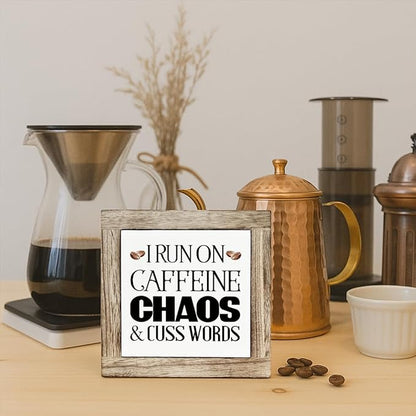 Coffee Bar Decor, I Run On Caffeine Chaos and Cuss Words Wooden Box Sign, Bar Decorations for Home, Coffee Wood Box Sign Kitchen Home Decor, Funny Office Desk Signs 5.9×5.9 inch